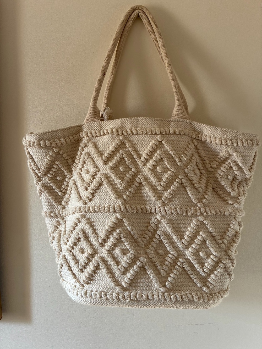 Cream Woven Tote Bag - Casual Boho Shoulder Bag